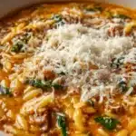 Ground Beef Orzo with Tomato Cream Sauce Recipe