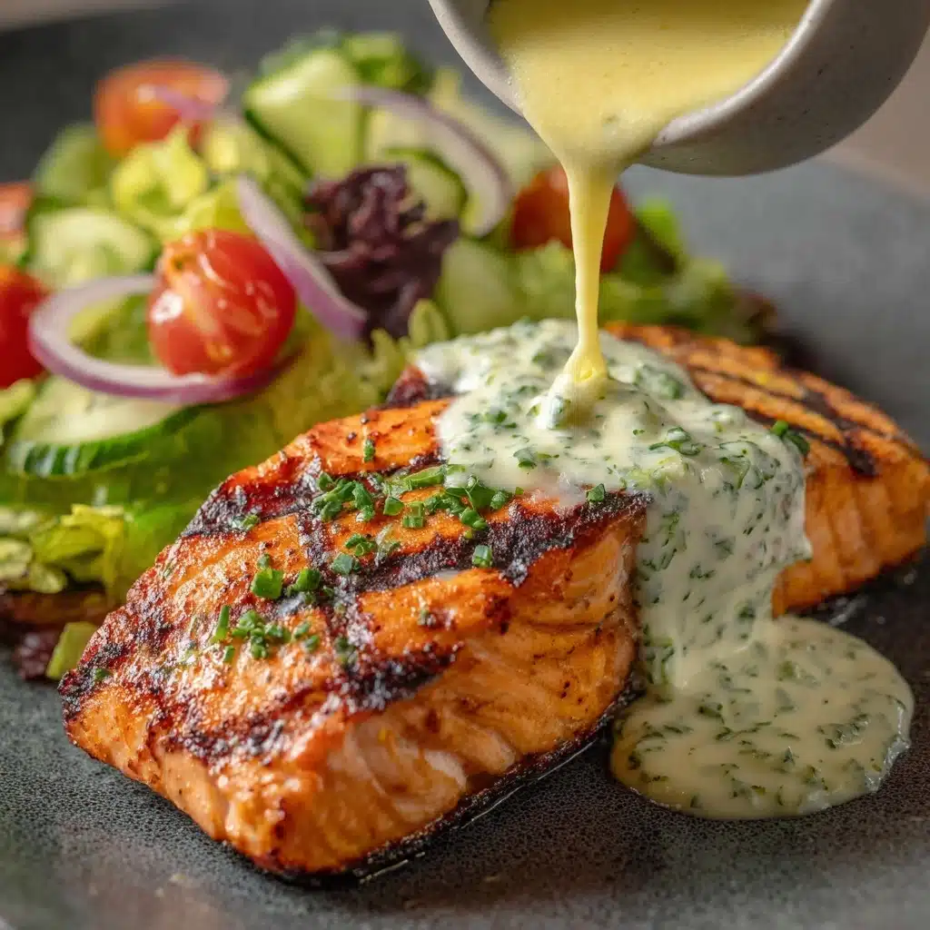 Tuna Steaks with Creamy Garlic Sauce & Salad Recipe - Recipe Image