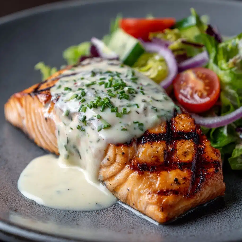 Tuna Steaks with Creamy Garlic Sauce & Salad Recipe - Recipe Image