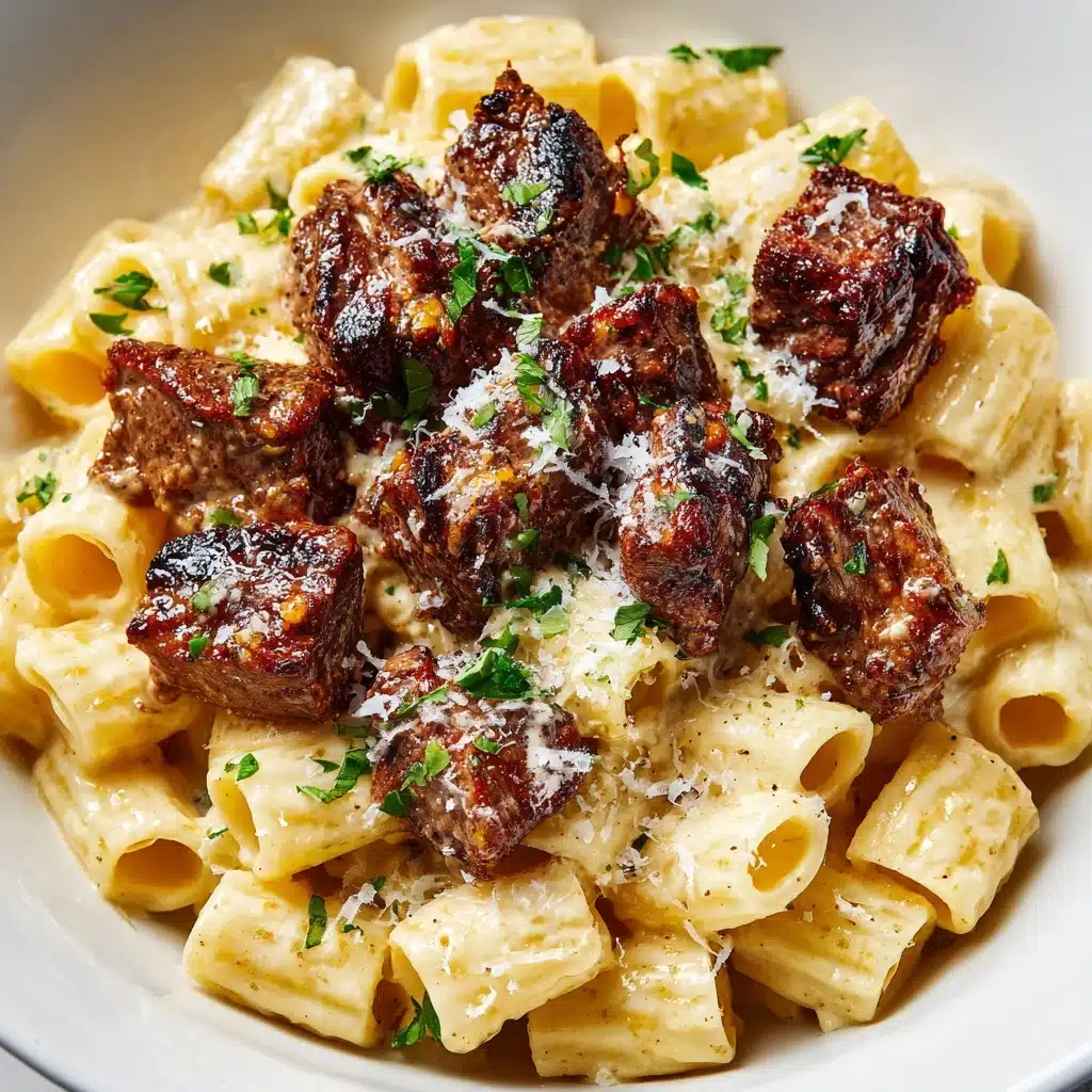 Garlic Butter Steak Tips with Cheesy Rigatoni Recipe