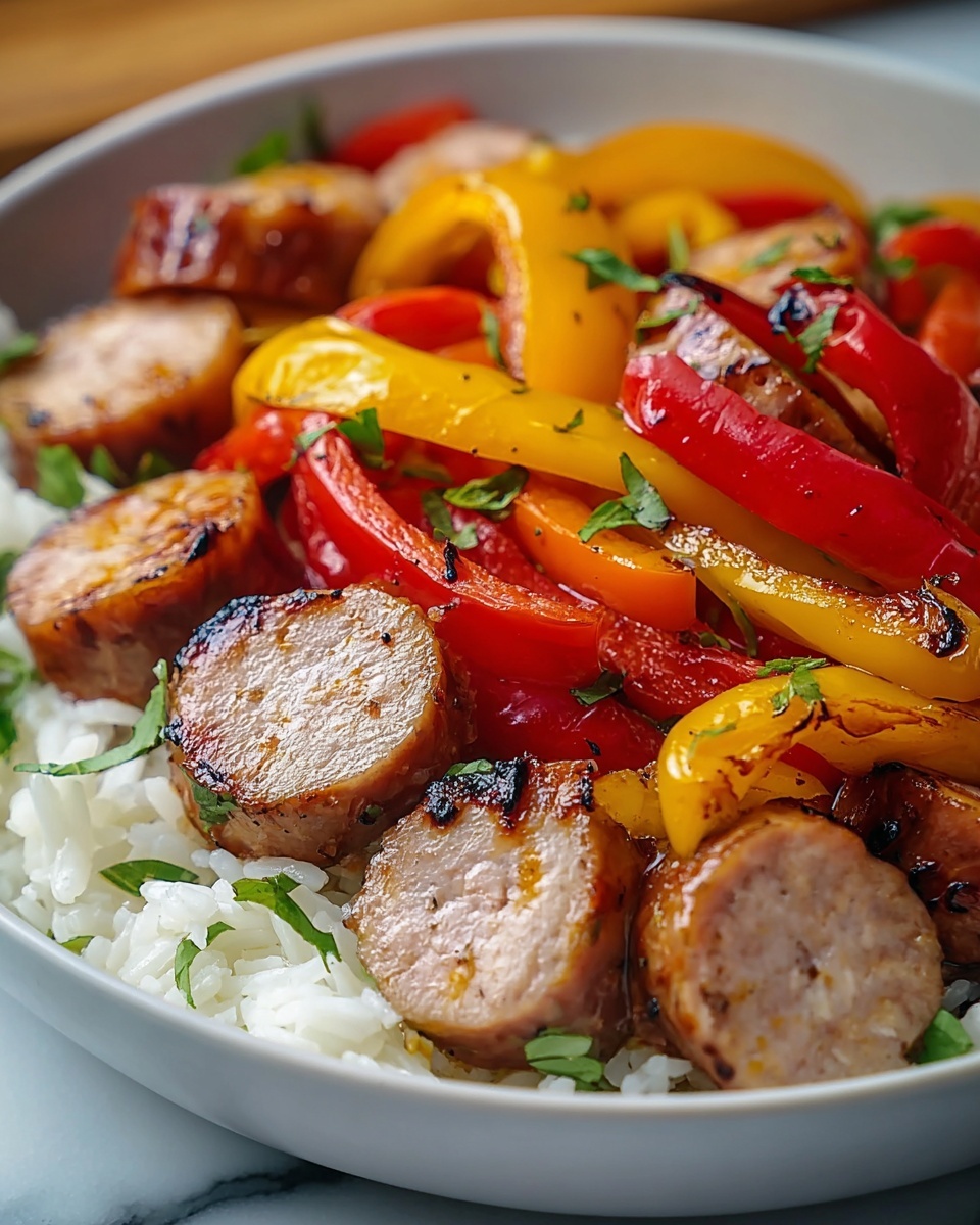 Sausage, Onion, Bell Peppers & Tomatoes over Rice Recipe - Recipe Image