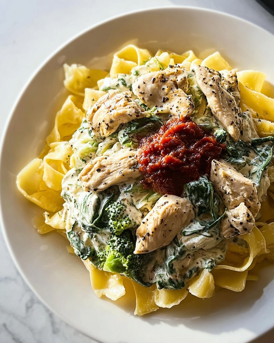Creamy Chicken and Spinach Pasta with Broccoli Recipe - Recipe Image