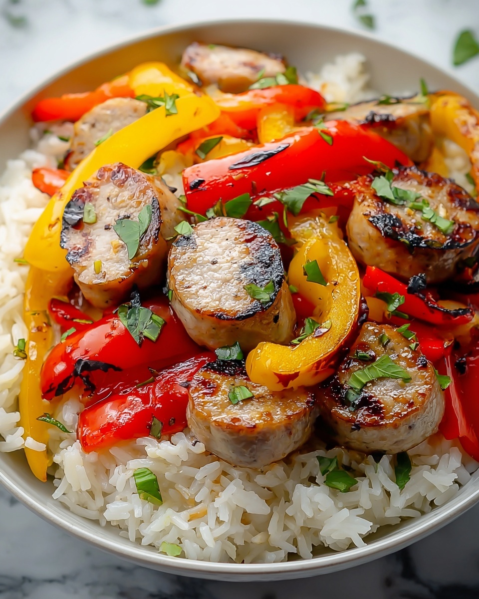 Sausage, Onion, Bell Peppers & Tomatoes over Rice Recipe - Recipe Image