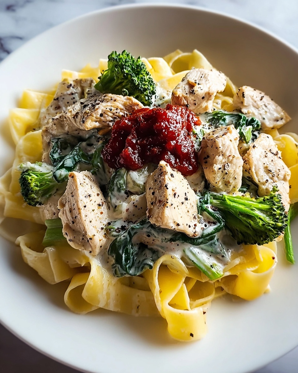 Creamy Chicken and Spinach Pasta with Broccoli Recipe - Recipe Image