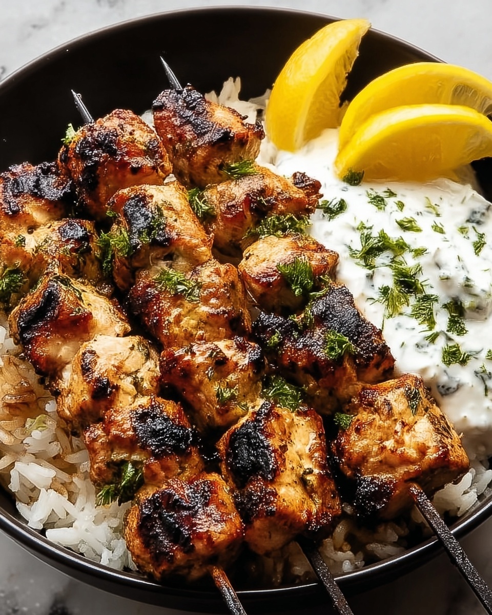 Greek Chicken Skewers with Lemon Rice Recipe - Recipe Image