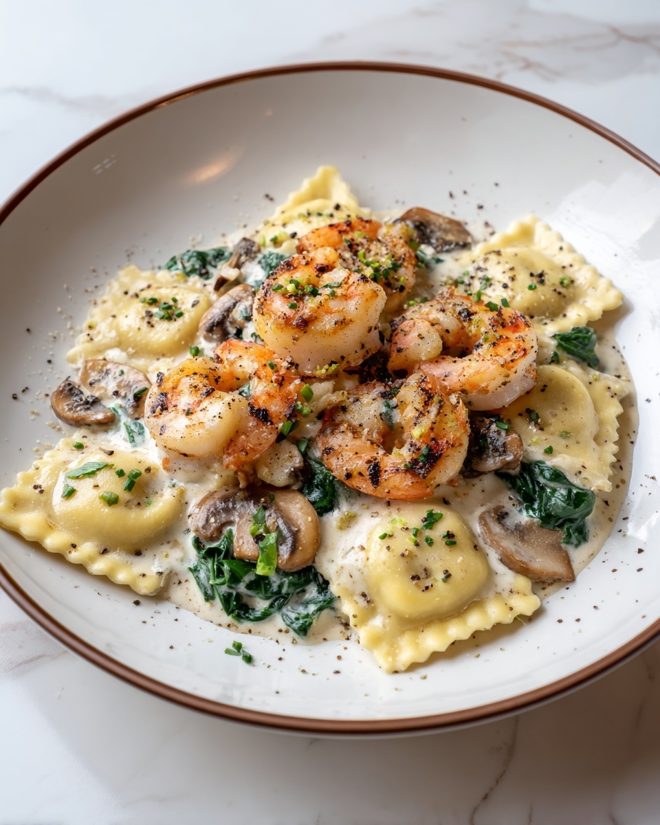 Seafood Ravioli with Spinach, Mushrooms, and Garlic Cream Sauce Recipe - Recipe Image