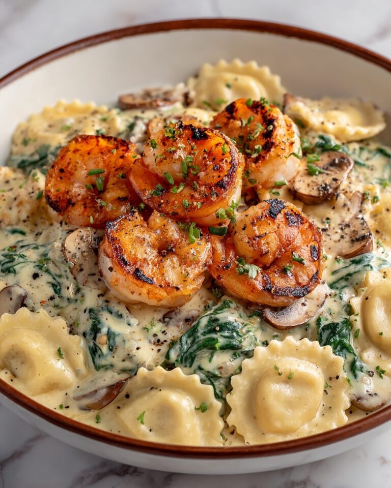 Seafood Ravioli with Spinach, Mushrooms, and Garlic Cream Sauce Recipe